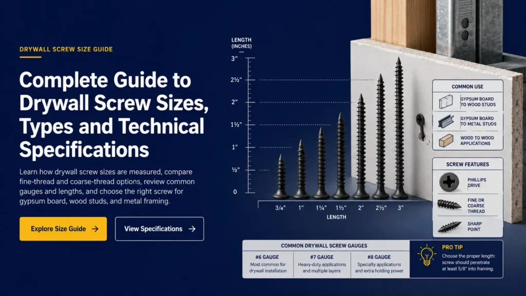 Drywall screw size guide showing common gauges, screw lengths, gypsum board, wood studs, and metal framing