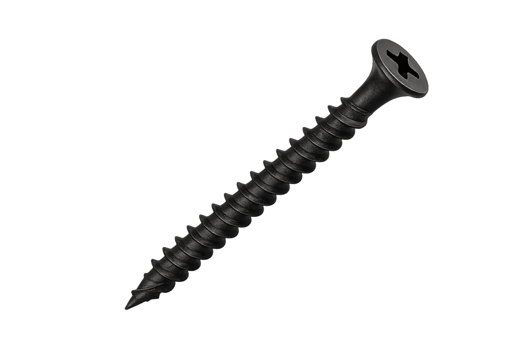 Black drywall screw with Phillips bugle head