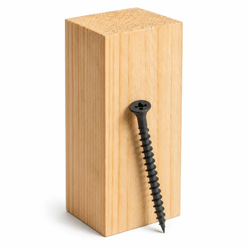 Coarse-thread drywall screw displayed beside a wooden stud for gypsum board framing