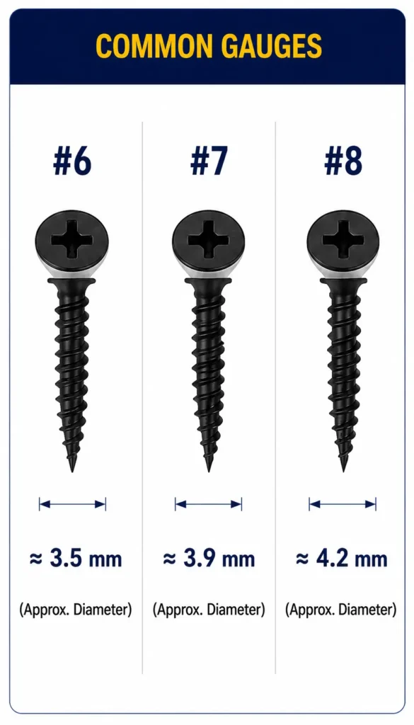 Common drywall screw gauges showing #6, #7, and #8 with approximate diameters
