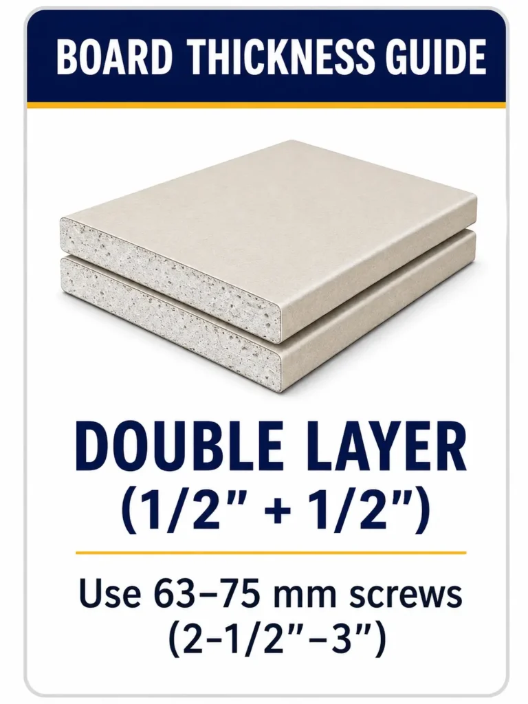 Double-layer gypsum board with a typical 63 to 75 mm drywall screw length range