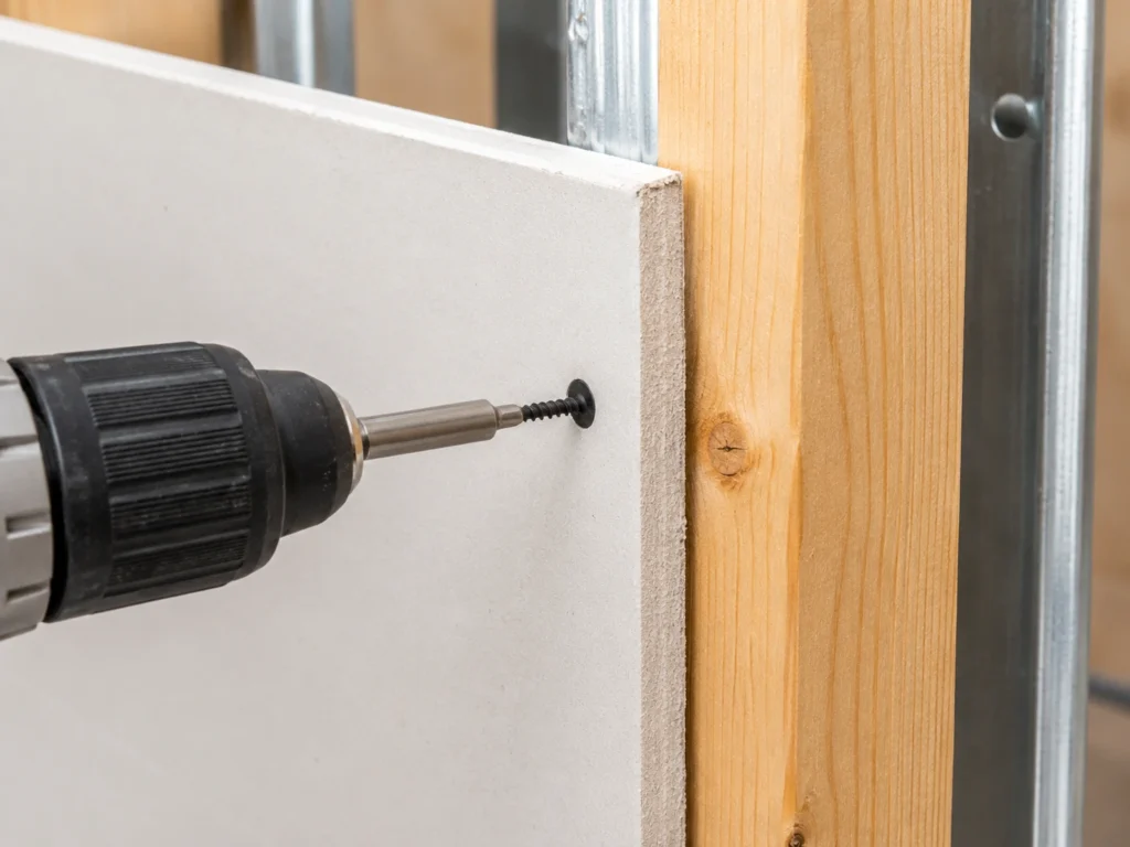 Drywall screw being installed through gypsum board into a wooden stud