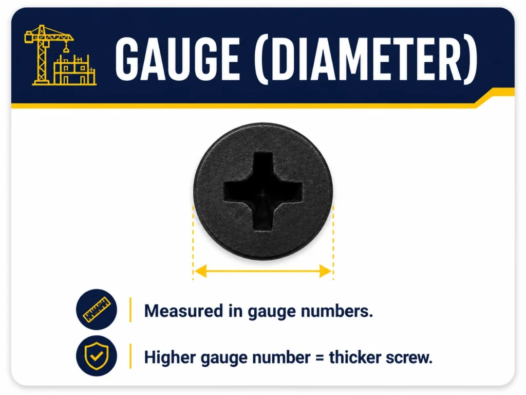 Drywall screw gauge measurement showing screw diameter and gauge thickness