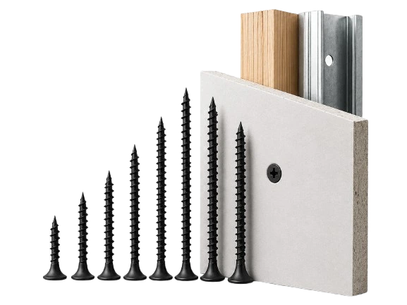 Different drywall screw sizes displayed beside gypsum board, wood studs, and metal framing