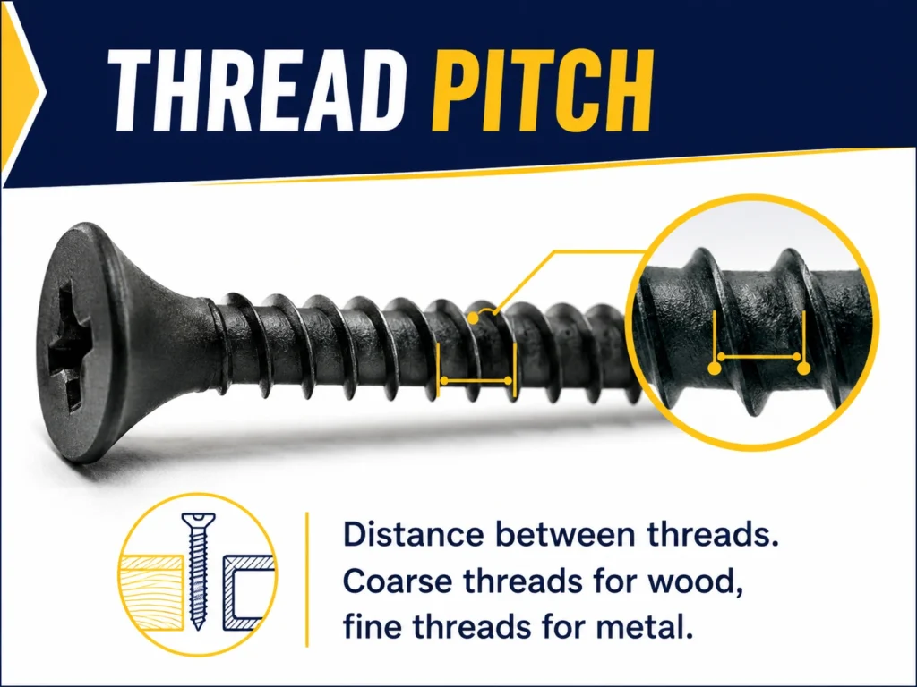 Drywall screw thread pitch showing the distance between adjacent screw threads