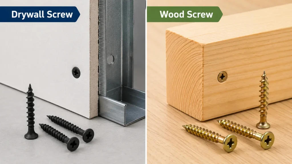 drywall screw with gypsum board and metal framing compared with wood screw used in timber