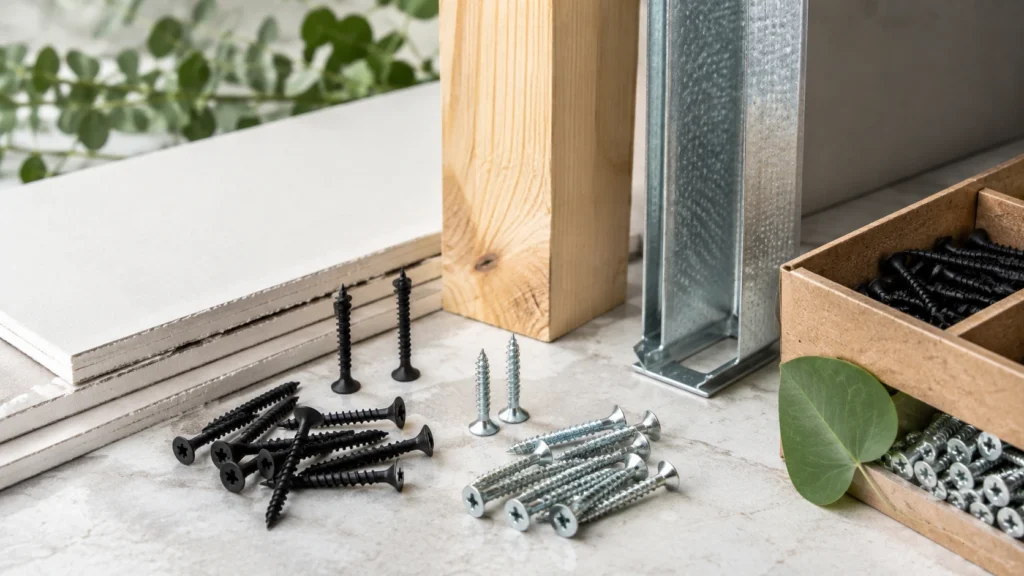 Drywall screws with gypsum boards, wooden studs and metal framing for sustainable construction