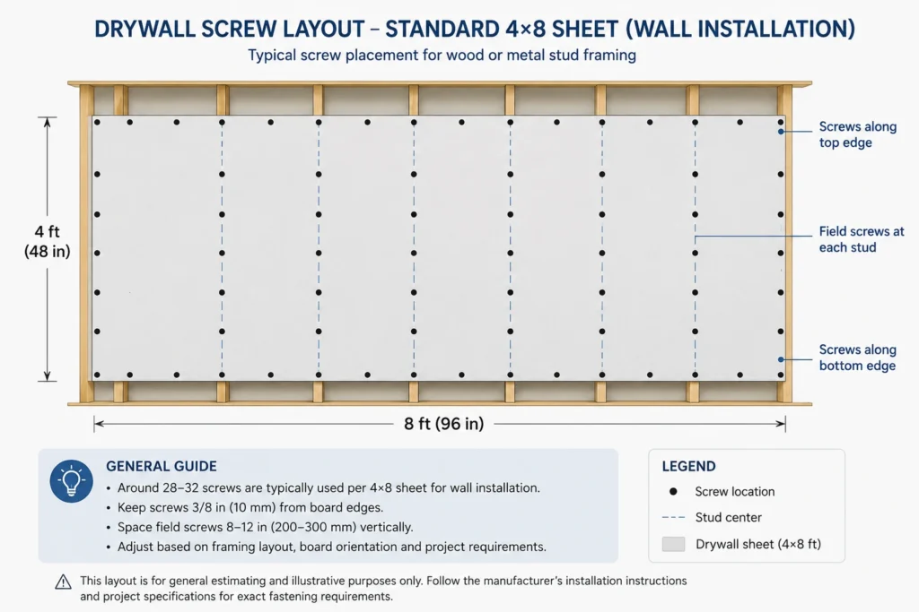 Estimated drywall screw layout for a standard 4×8 drywall sheet during wall installation