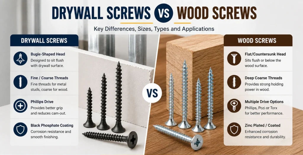 Drywall screws and wood screws comparison showing head style, thread design, coating and common applications