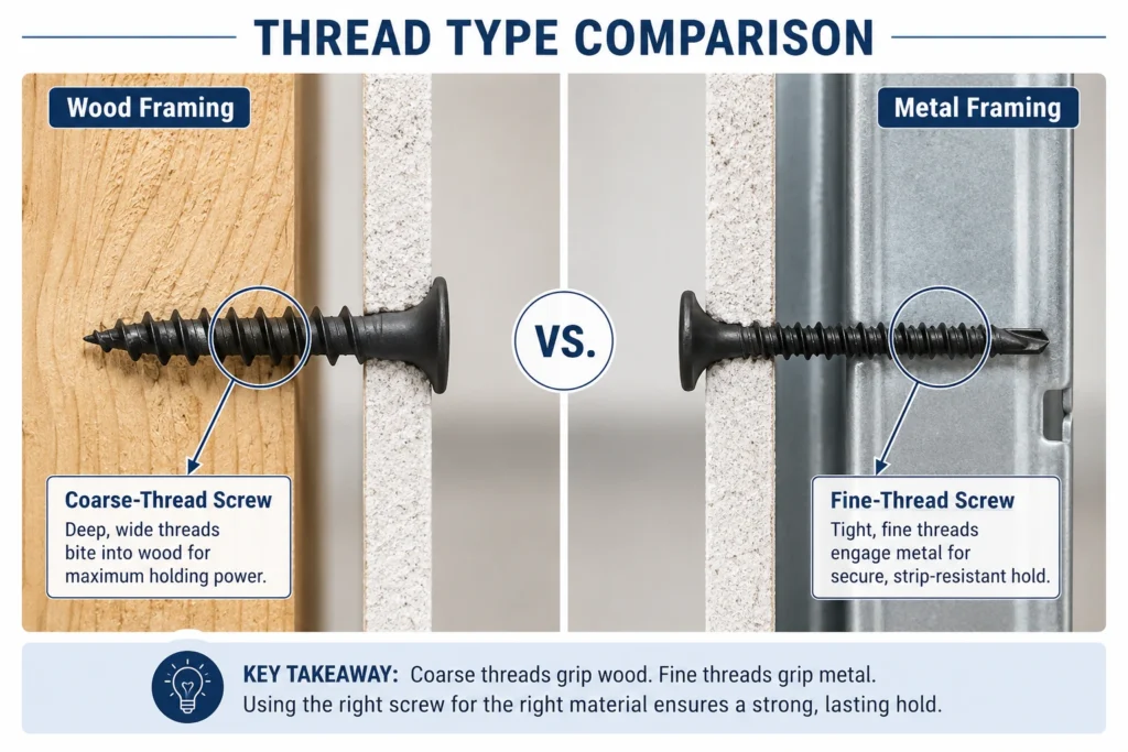 Fine-thread and coarse-thread drywall screws compared for metal and wooden framing