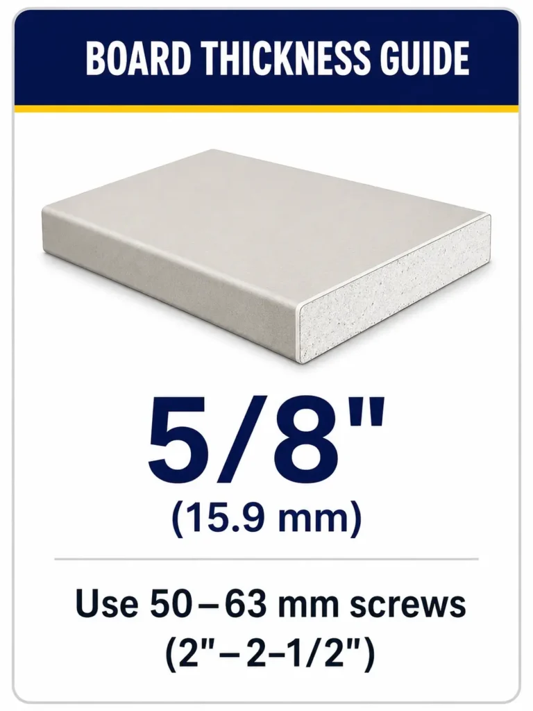 Five-eighth-inch gypsum board with a typical 50 to 63 mm drywall screw length range
