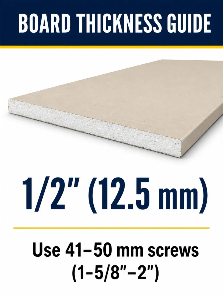 Half-inch gypsum board with a typical 41 to 50 mm drywall screw length range
