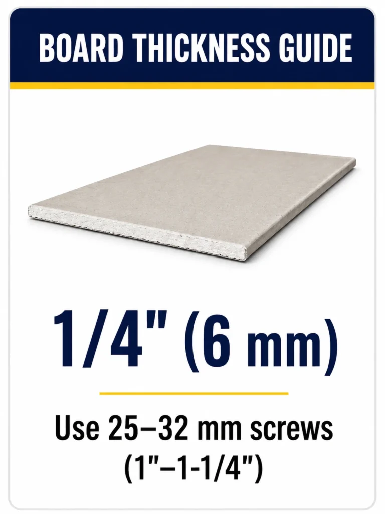 Quarter-inch gypsum board with a typical 25 to 32 mm drywall screw length range