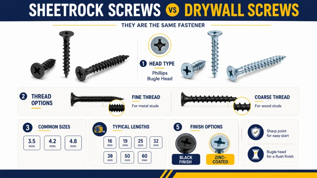 sheetrock screw sizes with fine and coarse thread options