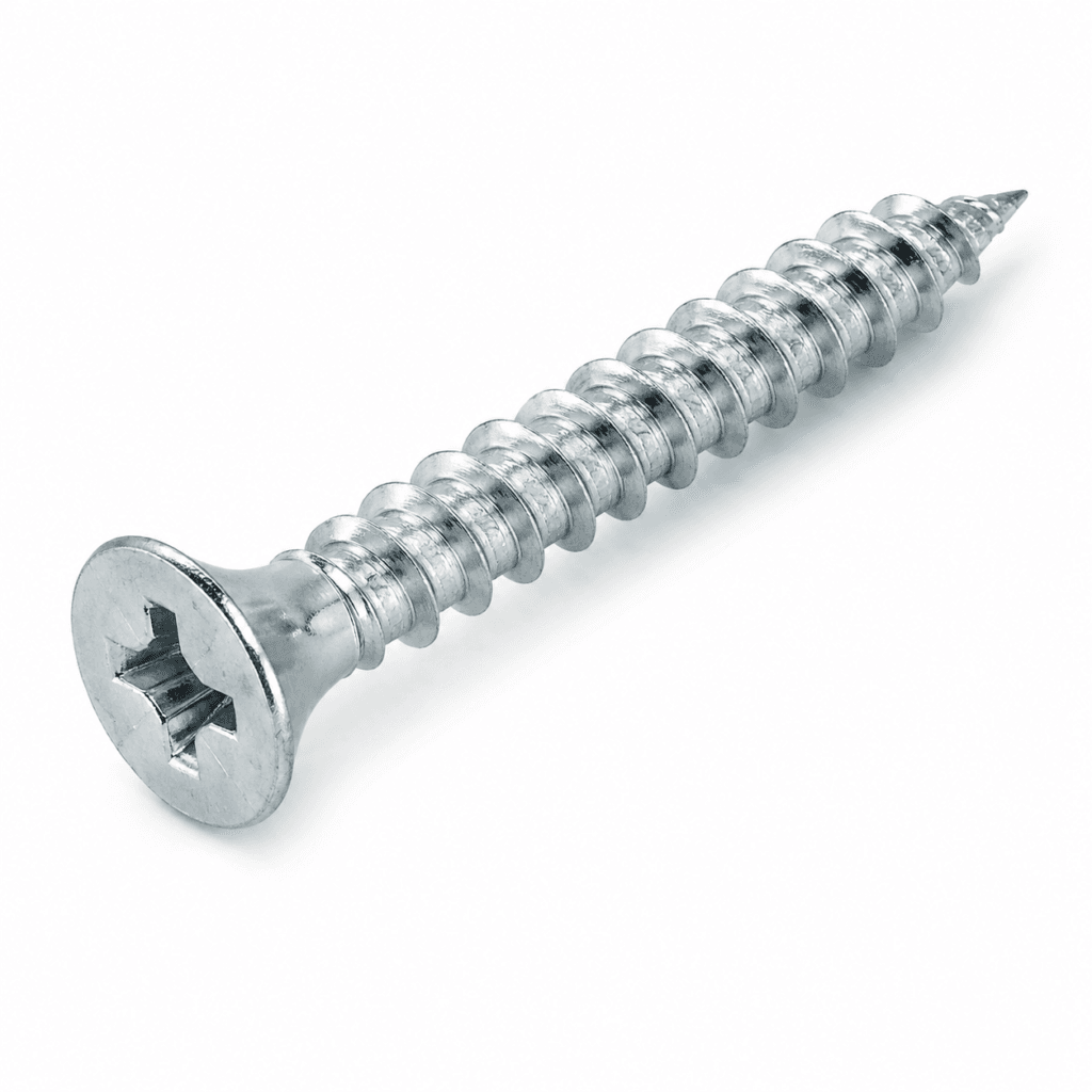 Zinc-finished drywall screw with a bright metallic surface on a white background