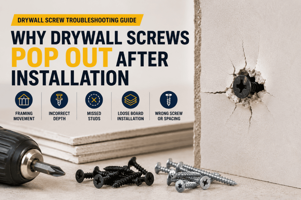 Drywall screw pop caused by framing movement, incorrect screw depth, missed studs, loose board installation, and improper screw spacing