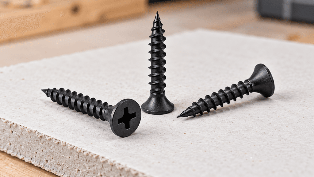 MS black zinc drywall screws displayed on a gypsum board surface for interior framing applications