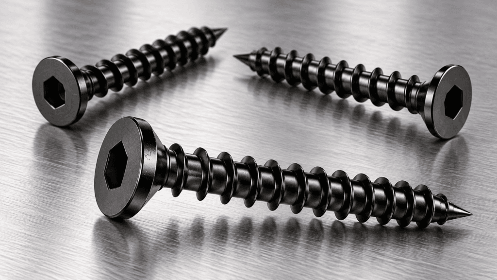 Black flat head Allen screws with hex socket drive displayed on a brushed metal surface