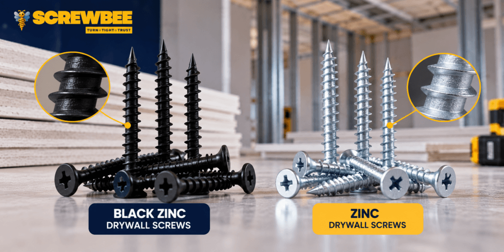 Black zinc and zinc drywall screws compared for different drywall project requirements