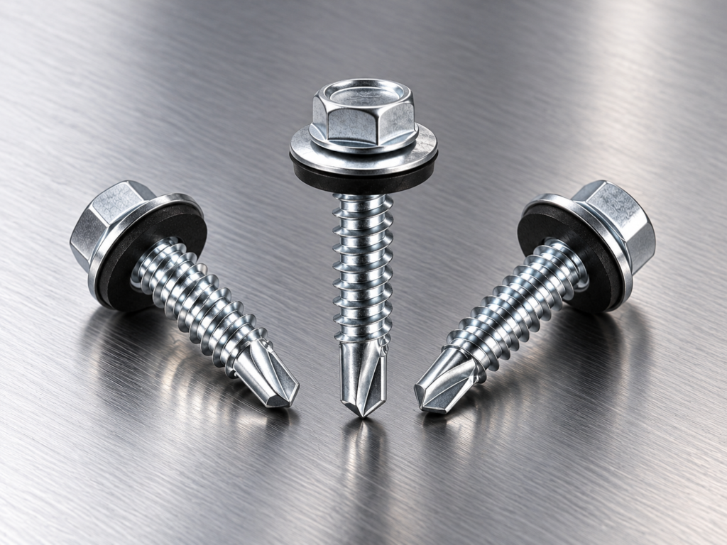 Silver self-drilling screws with hex washer heads and drill-point tips on a metal surface