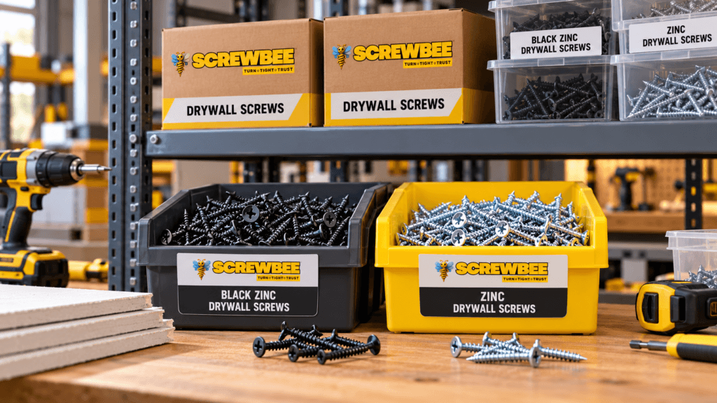 ScrewBee zinc and black zinc drywall screws organised in labelled bins and branded boxes for dealer and distributor packaging