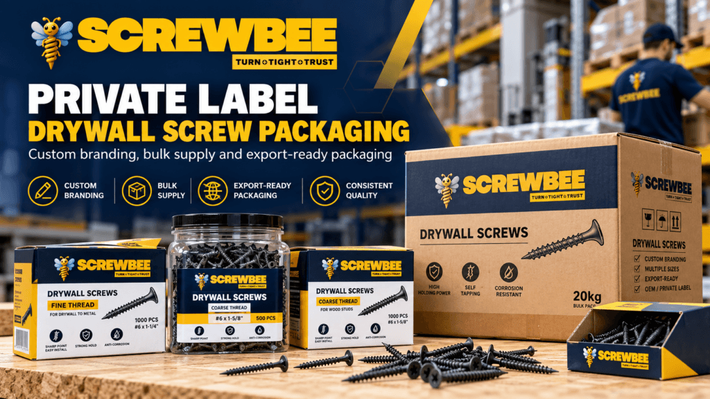 ScrewBee private label drywall screw packaging with branded boxes, zinc and black zinc screws for dealer and distributor supply