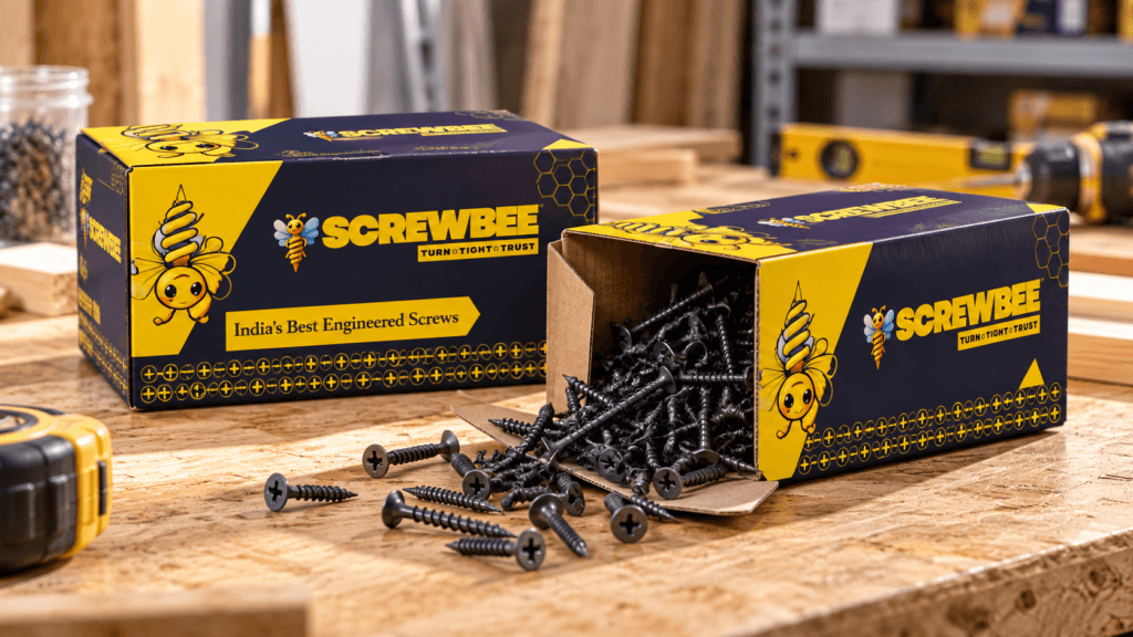 ScrewBee private label drywall screw packaging with branded boxes, zinc and black zinc screws for dealer and distributor supply